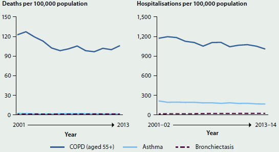 Two line charts. One shows the trending decline in age-standardised death rates (per 100000 population) between 2001 and 2013 for COPD, asthma, and bronchiectasis. The other shows the trending decline in hospitalisations (per 100000 population) for the same diseases.