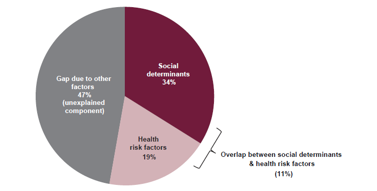 This pie chart shows the proportions of the contributors to the health gap between Indigenous and non-Indigenous adults. This chart presents the contributions to the health gap by health risk factors, by social determinants and by unexplained component due to other factors.  
This figure shows that an estimated 34%25 of the health gap between Indigenous and non-Indigenous adults was due to social determinants, 19%25 due to health risk factors, and 47%25 could not be explained by the selected factors. Around 11%25 of the total health gap was estimated to be attributed to the overlap between the social determinants and health risk factors.
