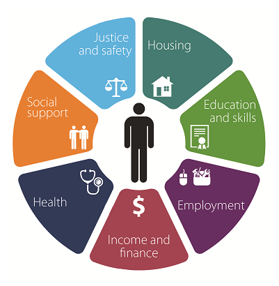 Diagram showing 7 reporting domains: Health, Social support, Justice and safety, Housing, Education and skills, Employment, and Income and finance.