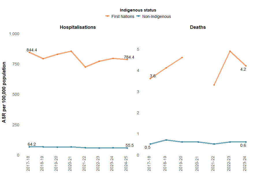 Line graphs showing higher rates over the past decade for First Nations people as compared to non-Indigenous people