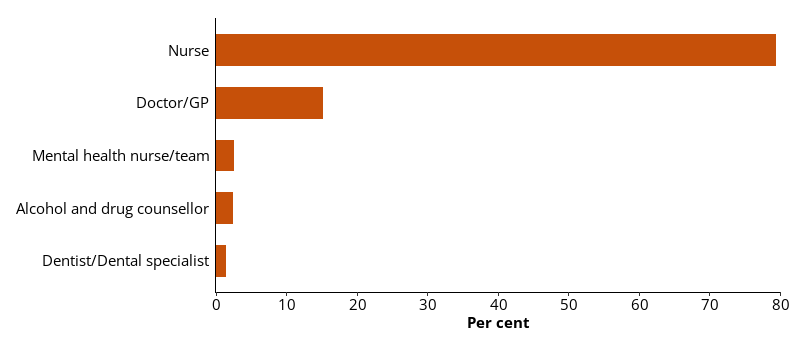 This horizontal bar chart shows a selection of the type of health professionals conducting clinic visits during the data collection period.