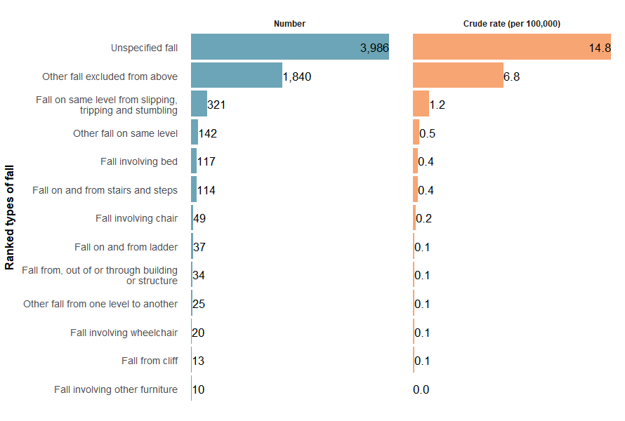 The top three types of fall involved in injury deaths, ranked by number and crude rate were unspecified fall, other fall excluded from above and fall on same level from slipping, tripping and stumbling.