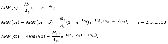 There are 3 equations. Equation 1 is ARM of 5 = (M1 divided by A1) times 1 minus e to the power of negative 5 A1. Equation 2 is ARM of 5i = ARM of (5i-5) + (Mi divided by Ai) times (1 minus e to the power of negative 5 Ai) times e to the negative five times (the sum of A1 to Ai-1). Equation 3 is ARM of infinity equals ARM of 90 plus (M19 divided by A19) times e to the power of negative five times (the sum of A1 to A18).