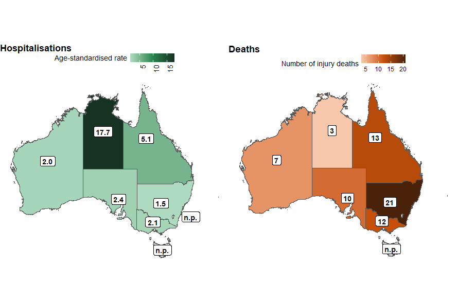 Maps of Australia showing age-standardised rate of hospitalisation and death from exposure to forces of nature by state or territory. Queensland has the highest rates of hospitalisation.