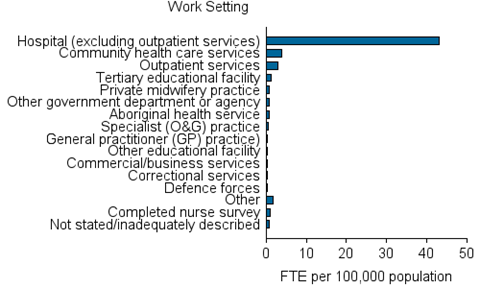 Horizontal bar chart showing; work setting of main job on the y axis; FTE per 100,000 (0 to 50) on the x axis