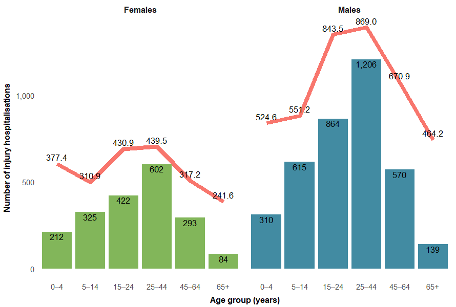 Figure 12 shows numbers and rates of object injury hospitalisations among First Nations people, by age and sex. Rates were highest among males, and for people aged 15 to 44.
