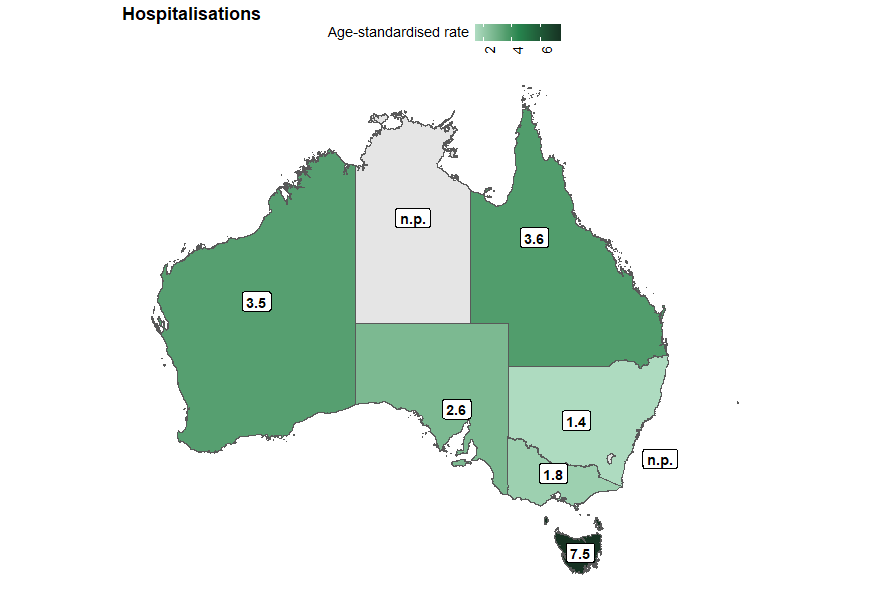 Map of Australia showing age-standardised rate of electricity and air pressure hospitalisation by state or territory. Tasmania has the highest rate of injury.]