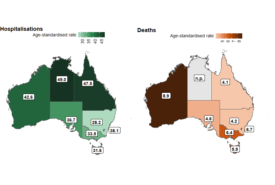 Maps displaying accidental injury hospitalisations and deaths by state of usual residence.
