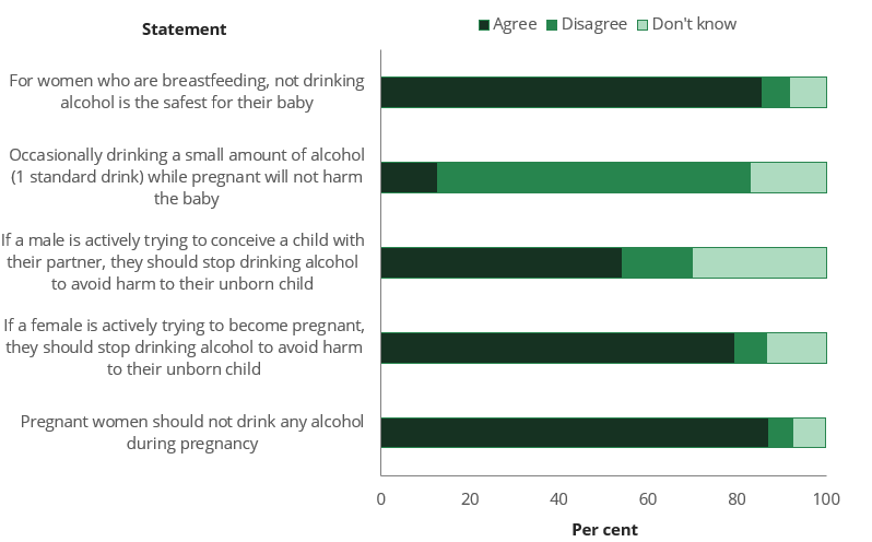 Bar chart shows 87% of people agreed that pregnant women should not drink any alcohol during pregnancy, and only 5.6% disagreed.