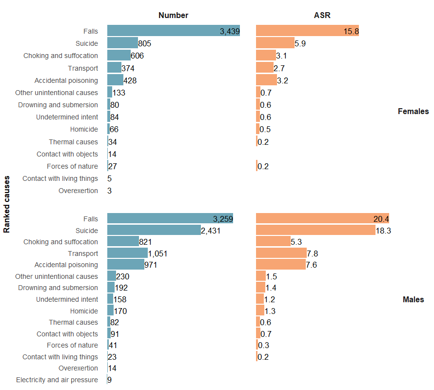 Figure 22 shows ranked numbers and age standardised rates of injury deaths, by causes and sex. Falls were the top cause of injury deaths for both sexes