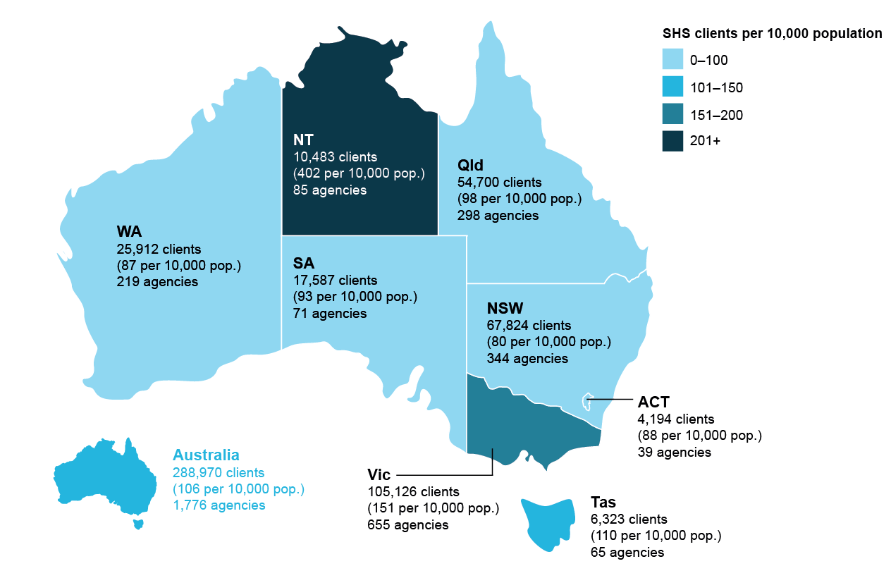 Map shows the states with the largest numbers of clients are Victoria (105,126) and NSW (67,824).