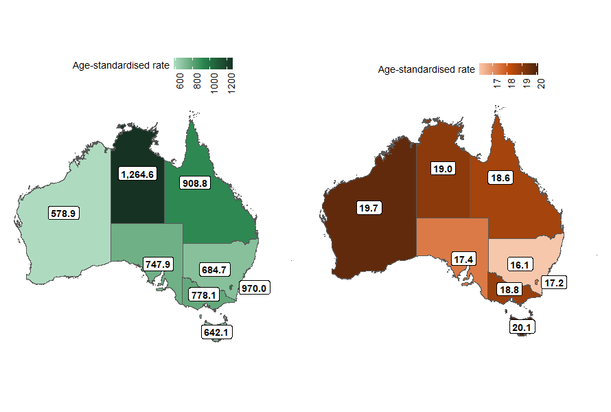 Maps of Australia showing age-standardised rate of fall hospitalisation and death by state or territory. The Northern Territory has the highest rate of hospitalisations.