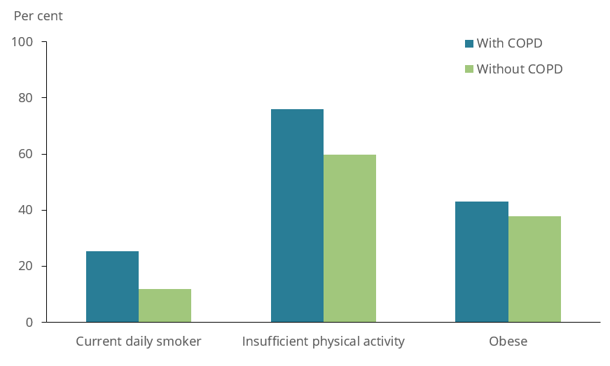 The bar chart shows risk factors in adults with and without COPD aged 45 and over in 2017–18. People aged 45 years and over with COPD were more likely to be current daily smokers (25%25 compared with 12%25 among people without COPD), and more likely to be insufficiently physically active (76%25 compared with 60%25 among people without COPD).