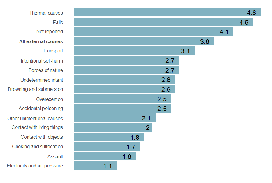 Ranked order of average length of stay in days for each external cause showing thermal causes, falls and not reported as the top 3 causes with longest average hospital stay.