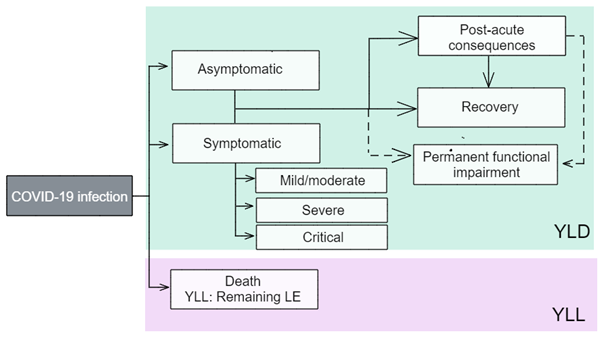 The diagram is a horizontal flow chart with two sections (non-fatal and fatal burden). It shows the conceptual model used to estimate the non-fatal and fatal burden due to COVID-19.