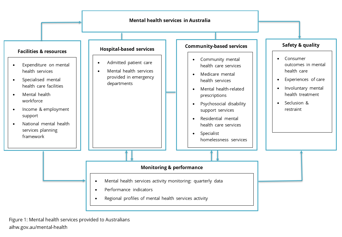 Figure 1 shows the mental health services to Australians. Services are categorised into hospital-based and community-based services and relate to Facilities & resources, Safety & quality, Monitoring & performance.