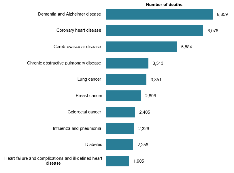 This bar chart shows the leading causes of death for females in 2017. The top 2 leading causes of death was Dementia and Alzheimer disease (8,859 deaths) and coronary heart disease (8,076). The remaining 8 causes, each less than 6,000 deaths, are cerebrovascular disease, chronic obstructive pulmonary disease, lung cancer, breast cancer, colorectal cancer, influenza and pneumonia, diabetes and heart failure and complications and ill-defined heart disease.