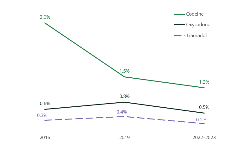 Line chart shows codeine and oxycodone remained the most used pain-relievers for non-medical purposes, and use of both has decreased since 2019.