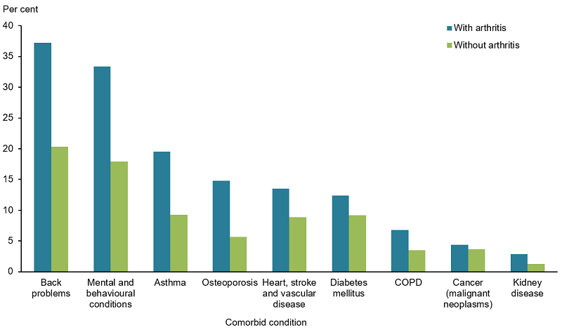 This vertical bar chart compares the prevalence of chronic conditions (back problems, mental and behavioural problems, asthma, osteoporosis, heart, stroke and vascular disease, diabetes, COPD, cancer, and kidney disease) among those with arthritis and those without. Back problems was the most common comorbidity (36%25), followed by mental and behavioural conditions (30%25) and asthma (18%25).