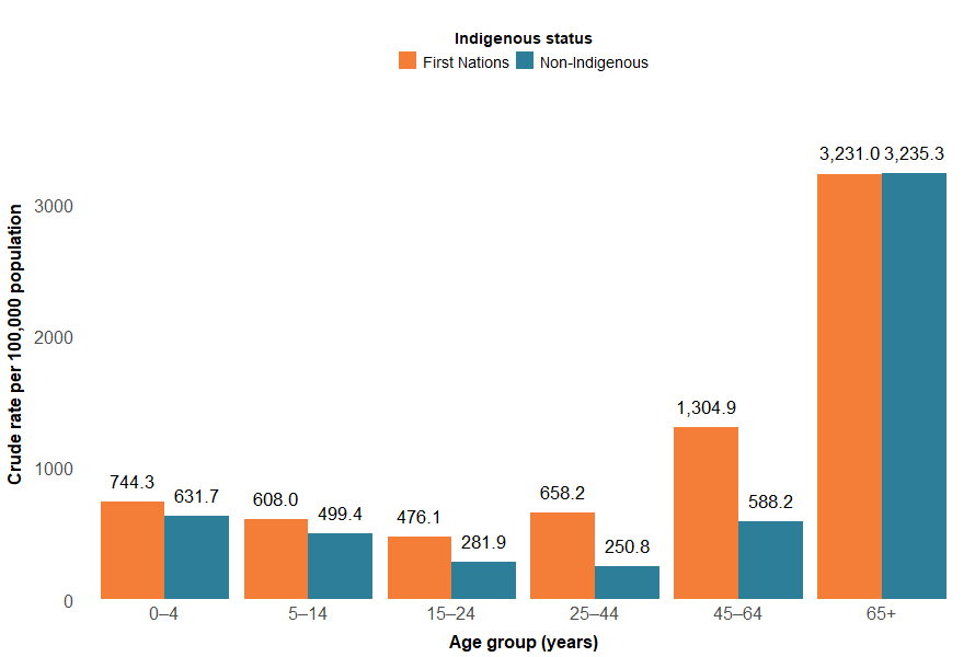 crude rates of fall hospitalisations were highest among the 65+ age group for both First Nations and non-Indigenous Australians in 2024–25