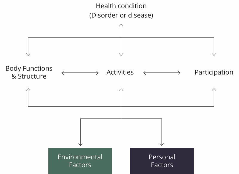 Diagram connecting body functions and structure, activity and participation restrictions, health conditions, and environmental and personal factors.
