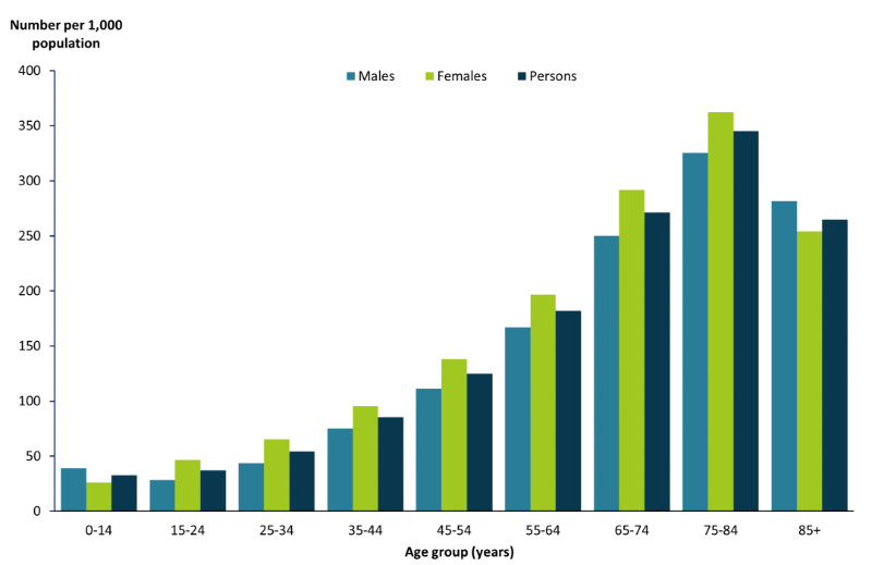 This bar chart shows the number of patients per 1,000 population who had a GP Management Plan in 2019, by age and sex. Rates increased with age until 75–84 then dropped for those aged 85 years or more.