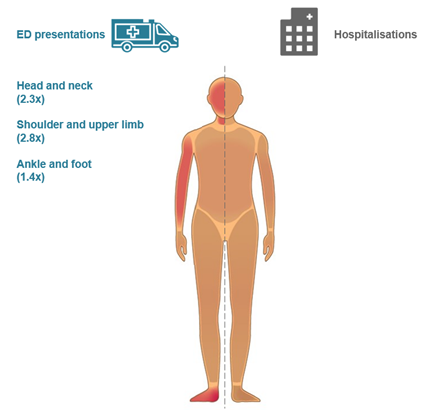 An infographic showing a human body, with injury regions highlighted where children 5-9 are more likely than adults to be hospitalised.