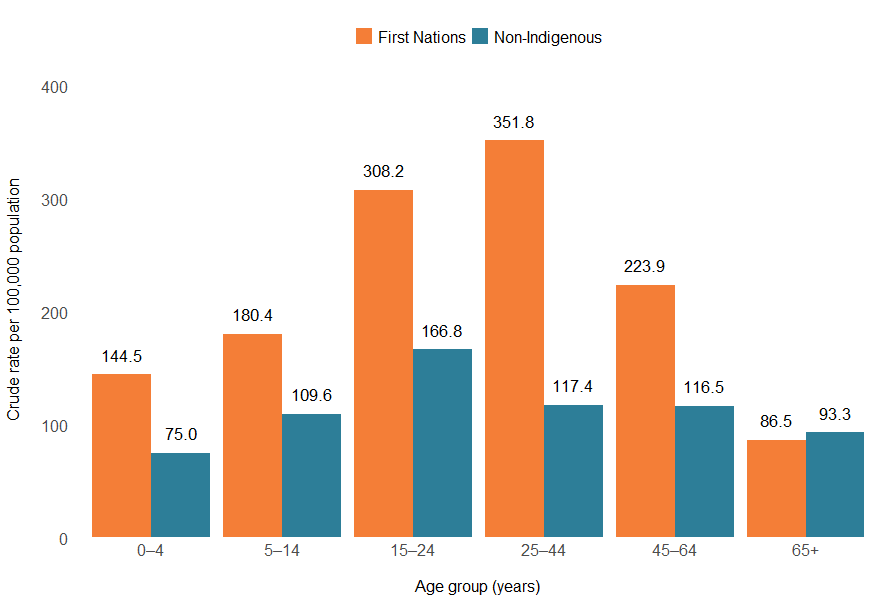 Crude rates of injury hospitalisations caused by contact with living things were highest among the 25–44-year age group for First Nations and the 15–24-year age group for non-Indigenous Australians in 2023–24.