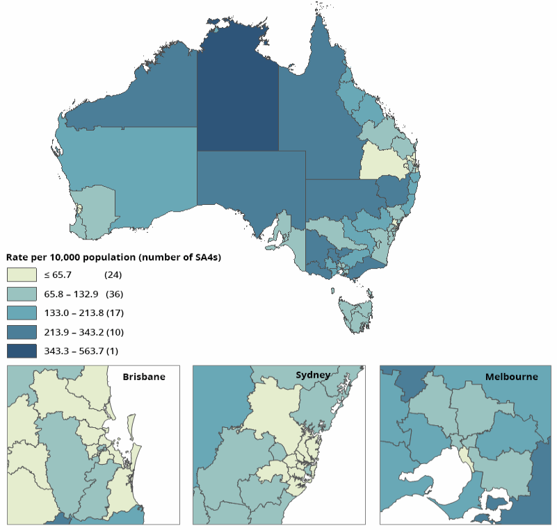 Figure CLIENTLOC.1: SHS clients seeking services, rate per 10,000 population by SA4, 2017–18. This map of Australia shows the number of clients seeking SHS services by SA4. In addition, each state and territory is differentially coloured according to a rating scale for the number of clients per 10,000 population. The Northern Territory had the highest rate while lower rates of less than 50.0 clients per 10,000 population were observed in more highly populated urban areas within Brisbane and Sydney in 2017–18.