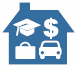 Image of a house containing symbols for education, income, work, and transport.