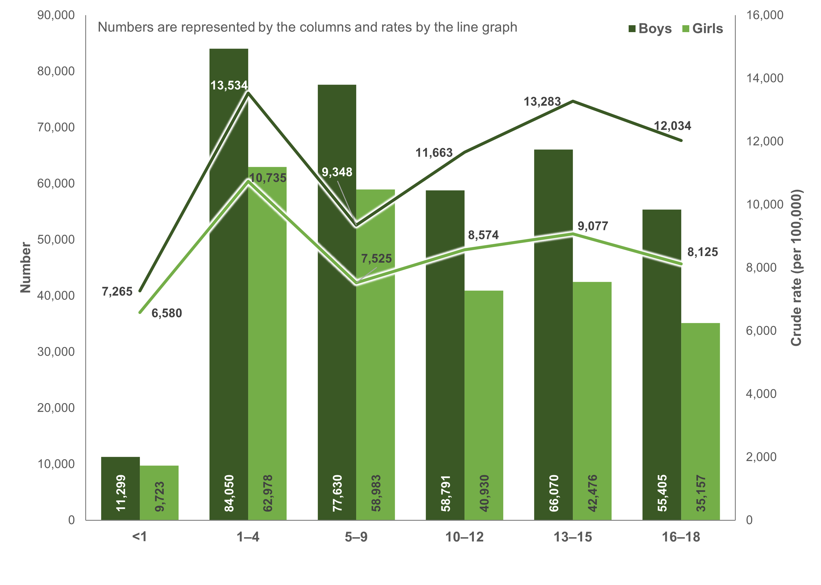 The number and crude rate of ED presentations for injuries among children and adolescents by age and sex. Numbers and rates peak in the 1-4 age group.
