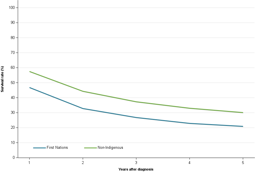 Figure 7 shows lung cancer relative survival rates by Indigenous status for 2017–2021 (1 to 5 years). Survival rates are higher than First Nations from 1-year to survival to 5-year survival by roughly 10 percentage points.
