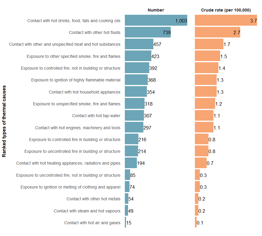 The top three types of thermal cause, by number and crude rate, ranked from highest to lowest were contact with hot drinks, food, fats and cooking oils, contact with other hot fluids and contact with other and unspecified heat and hot substances.