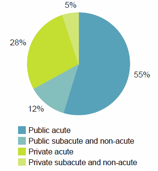 This pie chart shows that acute care accounted for 83%25 of patient days in public and private hospitals. Public acute care accounted for 55%25 of patient days and private acute care accounted for 28%25 of patient days. Public and Private subacute and non-acute care accounted for 12%25 and 5%25 of patient days respectively. Data for this figure are available in Chapter 2 of Admitted patient care 2014-15: Australian hospital statistics." border="0" alt="This pie chart shows that acute care accounted for 83%25 of patient days in public and private hospitals. Public acute care accounted for 55%25 of patient days and private acute care accounted for 28%25 of patient days. Public and Private subacute and non-acute care accounted for 12%25 and 5%25 of patient days respectively. Data for this figure are available in Chapter 2 of Admitted patient care 2014–15: Australian hospital statistics.