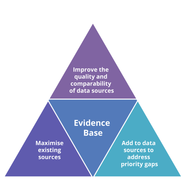 Diagram showing 3 priority themes supporting the evidence base. The themes are: 1) Improve the quality and comparability of data sources, 2) Maximise existing sources, and 3) Add to data sources to address priority gaps.