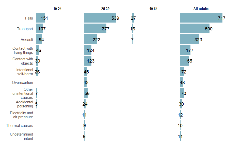 Number of pregnant women hospitalised for injury by age group and ranked descending by cause showing falls, transport and assault were the most common causes of injury hospitalisation among pregnant women for all age groups.