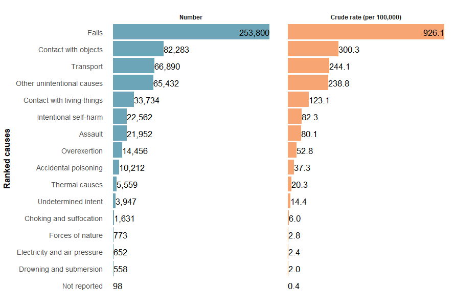 The top three causes of injury, ranked from highest to lowest were falls, contact with objects and transport