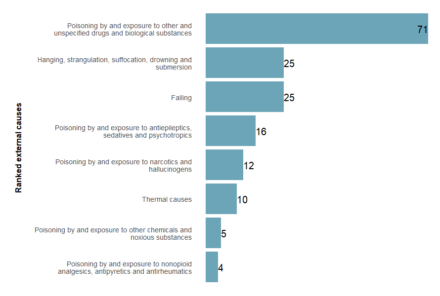 The top external causes of injury deaths, by number, ranked from highest to lowest.
