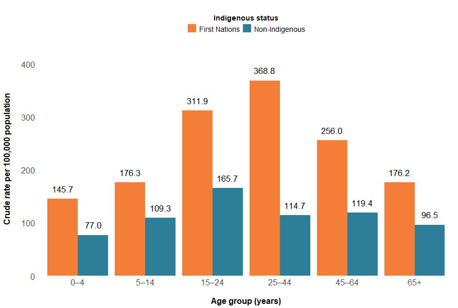 Crude rates of injury hospitalisations caused by contact with living things were highest among the 25–44-year age group for First Nations and the 15–24-year age group for non-Indigenous Australians in 2024–25.