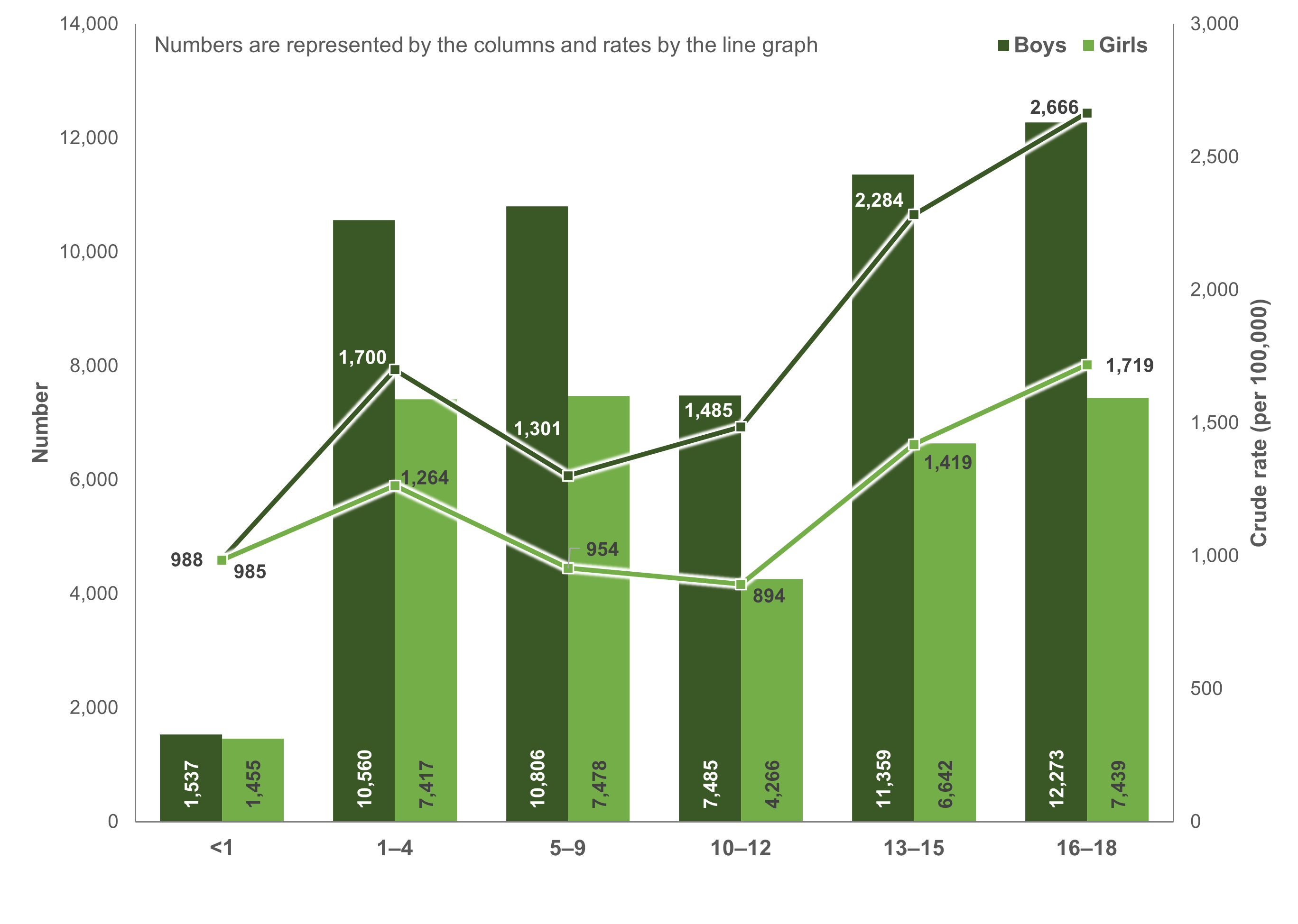 The number and crude rate of hospitalisations for injuries among children and adolescents by age and sex. Rates peak in the 16-18 age group.