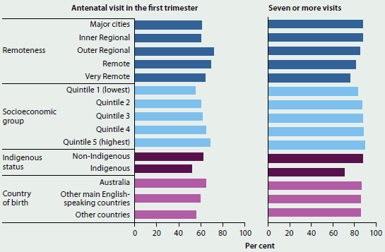Bar chart showing the number of antenatal visits made according to different population characteristics. Indigenous w and women in lower socioeconomic areas attended slightly fewer antenatal visits.