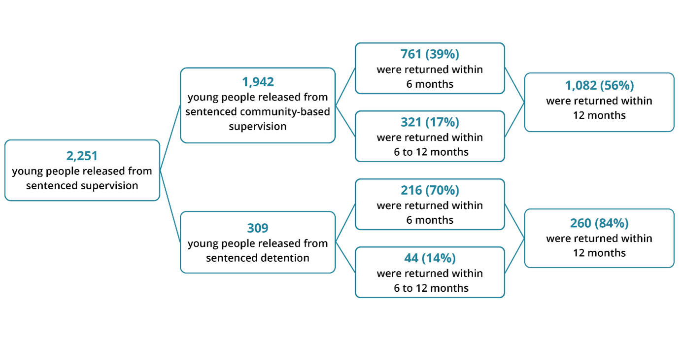 This flow chart shows that young people who had completed a detention sentence were most likely to return to sentenced supervision within 12 months.