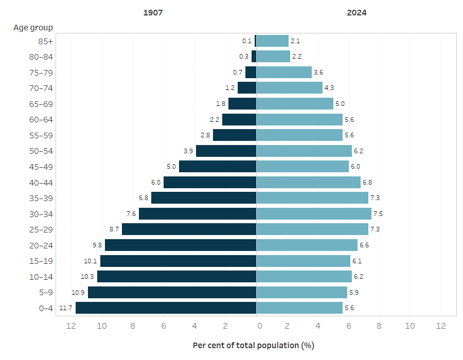 The butterfly graph shows the difference in population profile in 1907 and 2024. The population in 1907 was much younger, with 2024 having an ageing population.