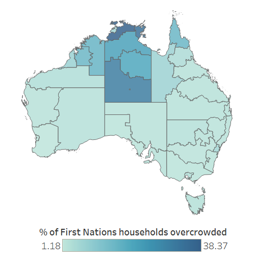 A map showing the highest percent of overcrowded First Nations households was in northern Australia.