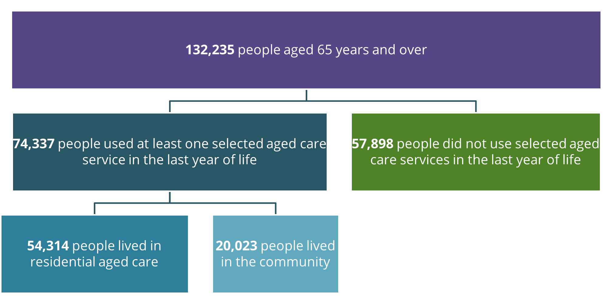 This chart breaks down the study population by use of aged care service and type of aged care service used