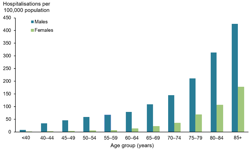 This vertical bar chart compares the rate (per 100,000 population) of hospitalisations for gout, across various age groups by sex, in 2017–18. The hospitalisation rates for gout increased with age and was highest for people aged 85 and over for both males (424) and females (177). The hospitalisation rates for gout were lowest in people aged less than 40 in males (8) and females (1).