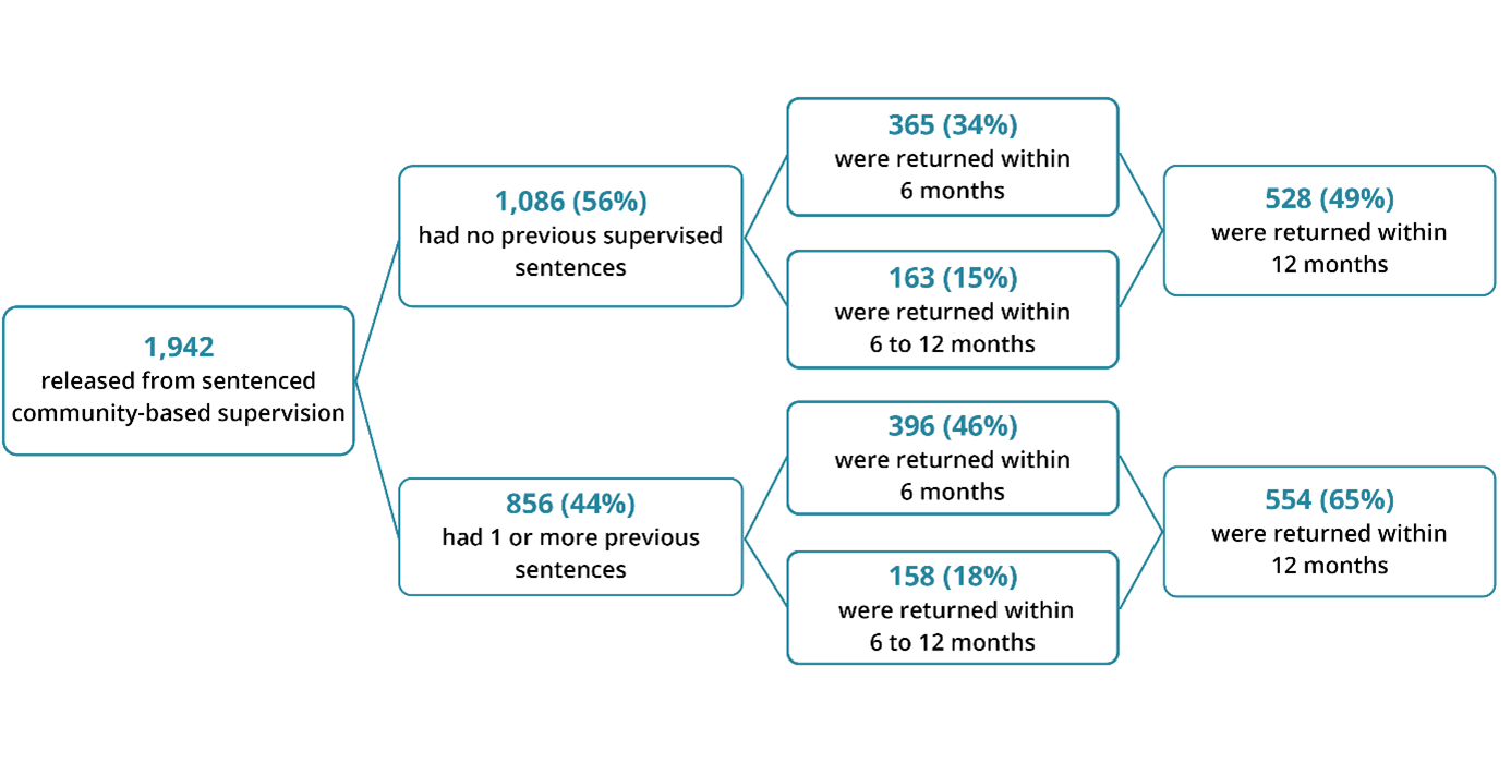 This flow chart shows that young people released from community-based supervision in 2022-23, who had a previous sentence were more likely to return to supervision both within 6 months and 12 months.