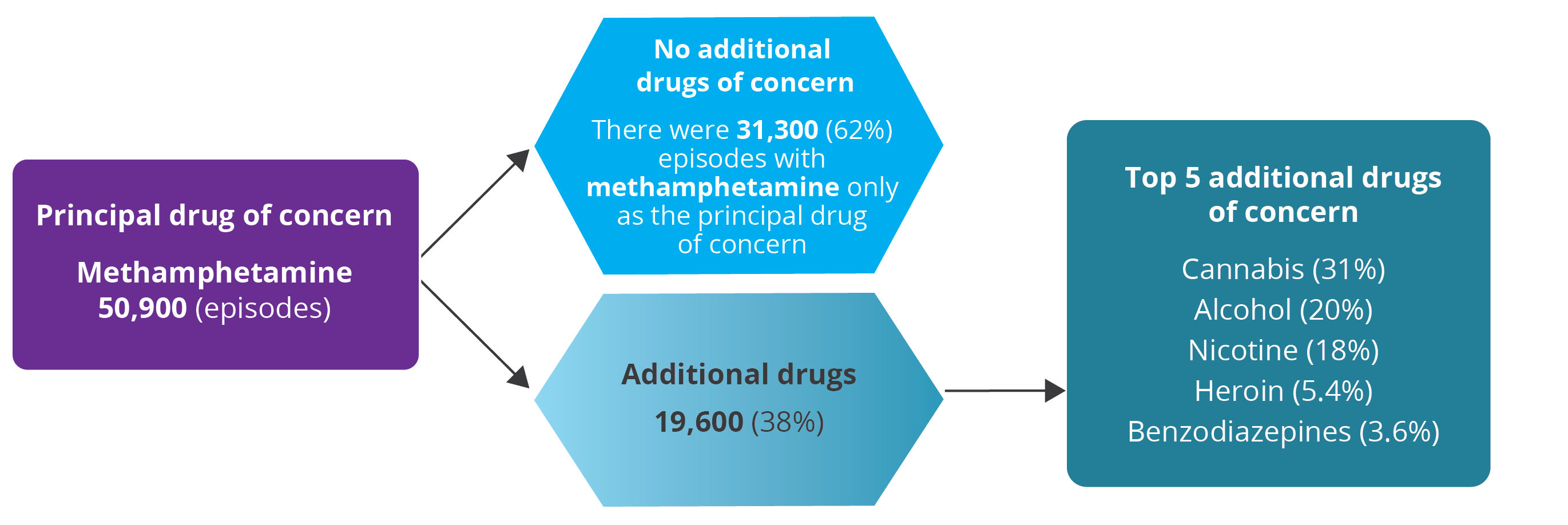 The flow chart shows methamphetamine as a principal drug of concern broken down by additional drugs of concern in 2024–25.