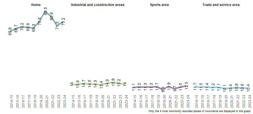 Trends in object-related injury hospitalisations over the past decade by place of occurrence.