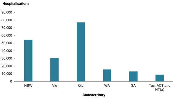 The bar chart shows that Queensland had the highest number of DVA-funded hospitalisations, while TAS, the ACT and the NT combined had the lowest.